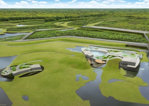 artificial island,solar cell base,eco hotel,artificial islands,feng shui golf course,sewage treatment plant,wastewater treatment,autostadt wolfsburg,floating islands,golf resort,everglades,wetland,futuristic art museum,3d rendering,futuristic landscape,landscape plan,wetlands,doral golf resort,tidal marsh,rice paddies,Landscape,Landscape design,Landscape Plan,Realistic