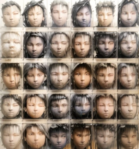 multiple exposure,faces,multicolor faces,fractalius,the terracotta army,doll's facial features,physiognomy,animal faces,neural network,facial expressions,avatars,droste effect,ancient people,avatar,terracotta warriors,geometric ai file,photos of children,pictures of the children,leonardo,image scanner