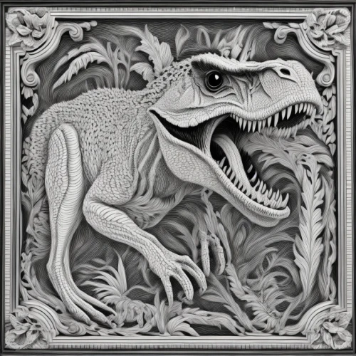 dino,trex,tyrannosaurus,dinosaur,tyrannosaurus rex,retro frame,dinosaruio,saurian,draconic,landmannahellir,drexel,velociraptor,fractalius,frame illustration,heraldic animal,raptor,dragon design,escher,alligator,grayscale