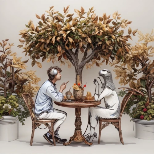 dog cafe,cat's cafe,veterinary,kopi luwak,bonsai,anthropomorphized animals,veterinarian,ikebana,whimsical animals,fox and hare,potted plants,bonsai tree,tea art,house plants,garden of eden,coffee tea illustration,human and animal,garden of plants,florists,surrealism,Common,Common,Natural