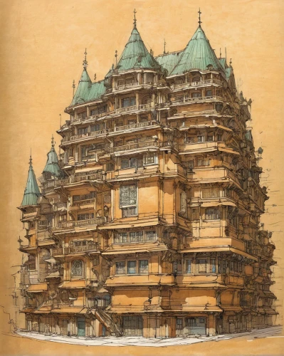 dragon palace hotel,stone palace,dresden,art nouveau,half-timbered,hashima,timber house,chinese architecture,wooden facade,asian architecture,castelul peles,apartment building,banff springs hotel,gold castle,japanese architecture,tenement,grand hotel,kirrarchitecture,würzburg residence,house hevelius,Illustration,Realistic Fantasy,Realistic Fantasy 12