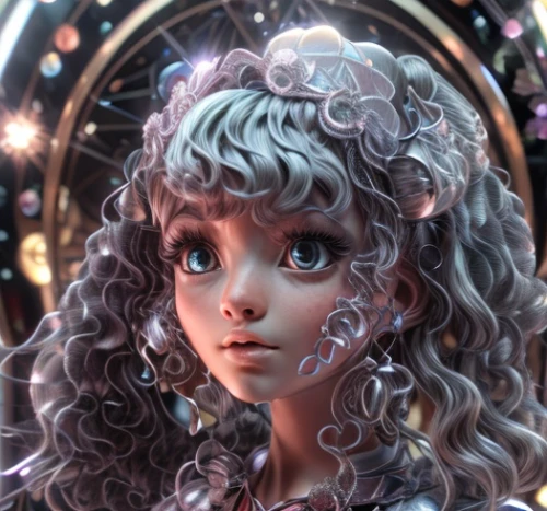 artist doll,violet head elf,doll looking in mirror,doll's facial features,mystical portrait of a girl,fantasy portrait,3d fantasy,merida,alice,little girl fairy,doll's head,drusy,girl doll,tumbling doll,cinderella,painter doll,female doll,magic mirror,lychees,marionette