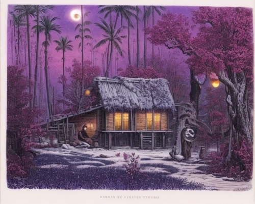 cottage,summer cottage,night scene,house in the forest,purple landscape,treehouse,lonely house,purple moon,witch's house,straw hut,little house,idyllic,small cabin,holiday home,country cottage,huts,home landscape,fairy village,cabin,tree house