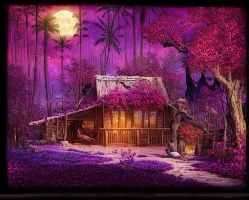 house in the forest,witch's house,purple landscape,fantasy picture,lonely house,witch house,cartoon video game background,cottage,halloween background,summer cottage,purple moon,purple wallpaper,fairy house,fairy door,fairy village,little house,home landscape,houses clipart,ancient house,wooden house