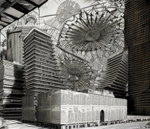 panopticon,cooling tower,hudson yards,building honeycomb,metropolis,mandelbulb,giant buddha of tian tan,asian architecture,anechoic,klaus rinke's time field,chinese architecture,photomontage,under construction,the aztec calendar,menger sponge,buddhist hell,very large floating structure,cooling towers,wooden construction,shipping containers,Art sketch,Art sketch,Newspaper