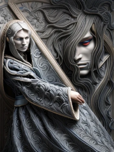 mirror of souls,fantasy art,gothic portrait,celtic harp,staves,dark art,fantasy portrait,heroic fantasy,white walker,the carnival of venice,3d fantasy,the mirror,silver lacquer,the snow queen,holding a frame,frame illustration,elven,decorative figure,chalk drawing,sci fiction illustration