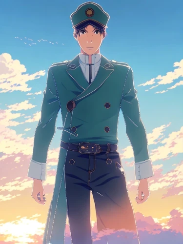 military uniform,a uniform,marine,uniform,military officer,soldier,officer,cadet,standing man,policeman,military person,solider,sky,summer sky,postman,bright sun,conductor,military rank,uniforms,rising sun,Common,Common,Japanese Manga