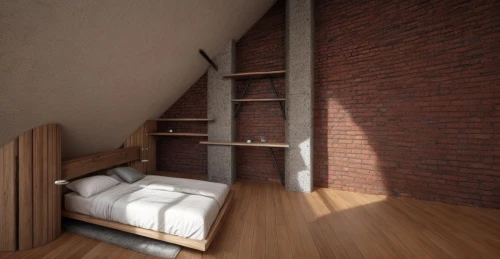 loft,attic,bedroom,3d rendering,wooden stairs,penthouse apartment,sleeping room,canopy bed,modern room,render,guest room,3d render,bed frame,wooden beams,apartment,3d rendered,block balcony,red brick,an apartment,wooden stair railing,Interior Design,Bedroom,Industry,Nordic Industrial