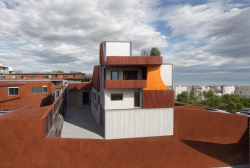 corten steel,cubic house,sky apartment,cube house,roof terrace,roof landscape,housetop,athens art school,roof garden,modern architecture,habitat 67,house roofs,clay house,block balcony,brutalist architecture,arhitecture,mixed-use,cuborubik,house hevelius,terracotta,Architecture,General,Modern,Creative Innovation