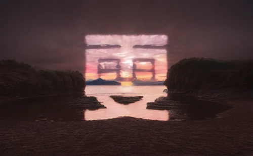 chasm,tab,cube sea,cube background,b3d,render,photomanipulation,3d render,cinema 4d,crown render,ruin,acid lake,digital compositing,photo manipulation,virtual landscape,o 10,lantern,portals,heaven gate,temple fade,Light and shadow,Landscape,Sky 4