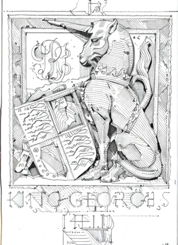 bookplate,coat arms,engraving,crosshatch,albrecht dürer,book cover,book illustration,escutcheon,font,lithograph,st george,advertising figure,zodiac sign,encarte,cover,book page,hand-drawn illustration,coat of arms,manuscript,trioceros