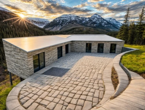 natural stone,banff alberta,roof landscape,bow valley,banff national park,house in mountains,house in the mountains,mountain stone edge,wheelchair accessible,banff,flat roof,amphitheater,mountain hut,paving stones,jasper national park,avalanche protection,mountain station,prefabricated buildings,alpine hut,stone house