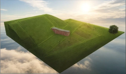 house with lake,cube house,lonely house,inverted cottage,floating island,miniature house,floating huts,photo manipulation,morning illusion,small house,home landscape,photomanipulation,conceptual photography,surrealism,grass roof,island suspended,little house,cube stilt houses,photoshop manipulation,chair in field,Architecture,General,Modern,Mid-Century Modern
