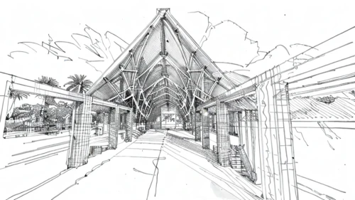 kirrarchitecture,line drawing,transport hub,roof structures,roof truss,archidaily,school design,skyway,cathedral,concept art,railroad station,aviary,structures,frame drawing,architecture,light rail,wireframe,sketch pad,board walk,buttress