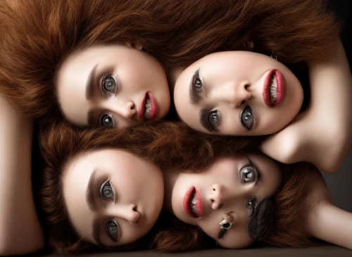 redheads,mahogany family,porcelain dolls,women's eyes,ginger family,multiple exposure,mannequins,photoshop manipulation,doll's facial features,surrealistic,retouching,photo manipulation,dolls,image manipulation,joint dolls,eyes makeup,sirens,fractalius,conceptual photography,illusion,Common,Common,Photography