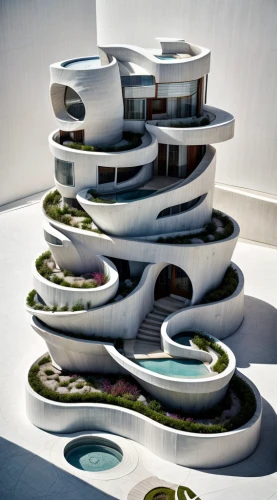 futuristic art museum,futuristic architecture,cube stilt houses,floating island,3d rendering,dish storage,archidaily,sky space concept,floating islands,sky apartment,modern architecture,residential tower,roof landscape,japanese architecture,dish rack,artificial island,balconies,eco hotel,guggenheim museum,stack of plates