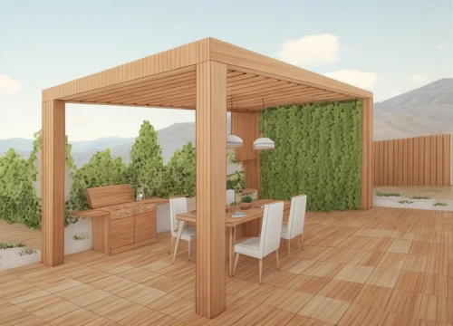 pergola,wooden sauna,3d rendering,eco-construction,inverted cottage,pop up gazebo,room divider,grass roof,bamboo curtain,dog house frame,outdoor table,garden shed,garden elevation,cabana,garden buildings,roof garden,wooden mockup,roof terrace,bamboo frame,cubic house