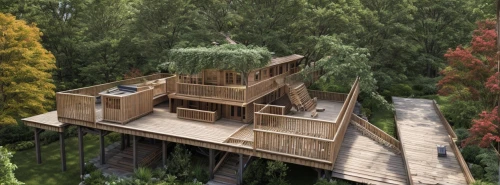 tree house hotel,tree house,treehouse,house in the forest,3d rendering,wood deck,timber house,wooden decking,tree top,decking,lookout tower,tree tops,log cabin,stilt house,eco-construction,treetops,wooden house,log home,tree top path,small cabin,Architecture,General,European Traditional,American Arts And Crafts