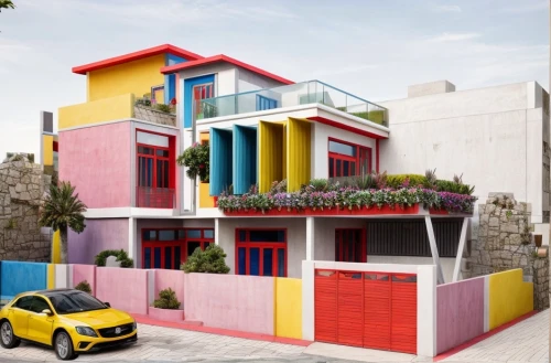 colorful facade,cube house,cubic house,cube stilt houses,house painting,colorful city,athens art school,house of sponge bob,exterior decoration,shipping containers,modern architecture,apartment house,tel aviv,mondrian,architectural style,urban design,two story house,mixed-use,blocks of houses,residential house,Architecture,General,Modern,Mexican Modernism