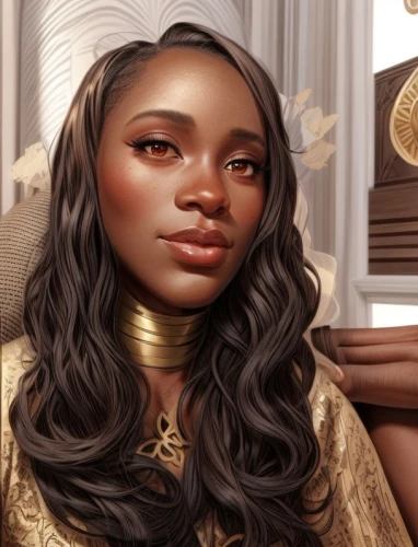 fantasy portrait,zodiac sign libra,cleopatra,tiana,golden crown,gold filigree,maria bayo,gold crown,african woman,ancient egyptian girl,portrait background,gold jewelry,african american woman,rosa ' amber cover,digital painting,lace wig,custom portrait,gold leaf,mocha,libra