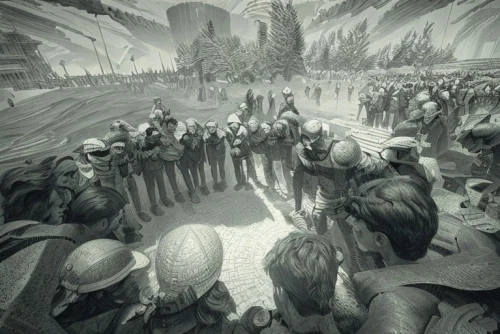 meeting on mound,commemoration,day of the victory,gathering,pilgrims,a meeting,guards of the canyon,crowds,the storm of the invasion,game illustration,the ceremony,hall of the fallen,sci fiction illustration,the wolf pit,concept art,historical battle,farmer protest,crowd of people,ceremony,cg artwork,Art sketch,Art sketch,Retro