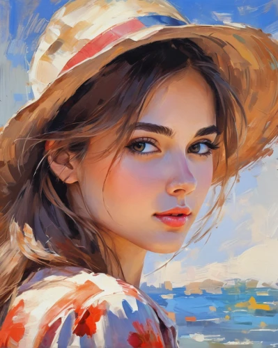 girl wearing hat,straw hat,girl portrait,girl on the boat,sun hat,high sun hat,romantic portrait,girl on the river,girl drawing,painting technique,painting,photo painting,oil painting,art painting,italian painter,girl on the dune,digital painting,young girl,world digital painting,portrait of a girl,Conceptual Art,Oil color,Oil Color 10