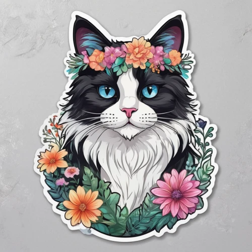 flower cat,blossom kitten,flower animal,cat vector,kawaii animal patches,kawaii animal patch,watercolor cat,kawaii patches,flowers png,magpie cat,floral background,gray kitty,drawing cat,animal stickers,blooming wreath,floral mockup,cartoon cat,american curl,domestic long-haired cat,floral ornament,Unique,Design,Sticker