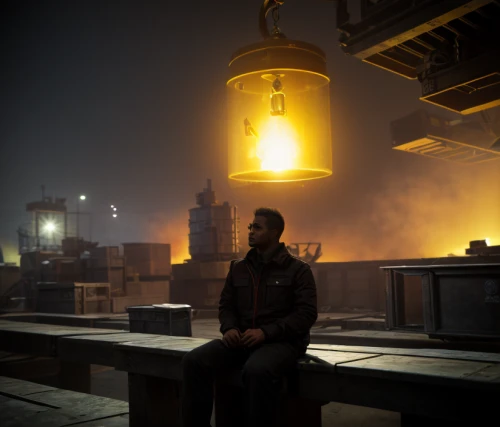 lamplighter,fallout4,night watch,kowloon city,rooftops,smoking man,scene lighting,fallout,factory chimney,the cairo,cairo,the needle,cinematic,refinery,industrial smoke,above the city,atmosphere,watertower,gas lamp,black city