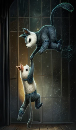 whimsical animals,hanging cat,cats playing,siamese cat,trapeze,tightrope,cat and mouse,leap for joy,static trapeze,flying dogs,two cats,aerialist,leaping,cat tail,anthropomorphized animals,flip (acrobatic),sugar glider,tightrope walker,sci fiction illustration,lemur