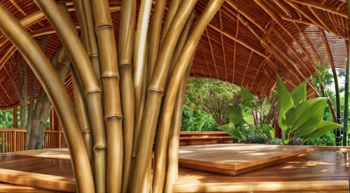 bamboo curtain,bamboo plants,eco hotel,hawaii bamboo,bamboo forest,bamboo,bamboo frame,wood structure,palm fronds,outdoor structure,tree house hotel,wooden sauna,eco-construction,straw hut,garden design sydney,palm leaf,straw roofing,wooden construction,artocarpus,fan palm,Landscape,Landscape design,Landscape Plan,Realistic