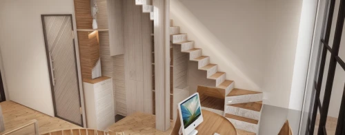 3d rendering,hallway space,wooden stair railing,wooden stairs,winding staircase,render,outside staircase,interior modern design,penthouse apartment,room divider,core renovation,walk-in closet,search interior solutions,staircase,stairwell,loft,circular staircase,3d render,3d rendered,home interior