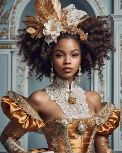 beautiful african american women,baroque,the carnival of venice,tiana,beautiful bonnet,baroque angel,gold crown,african american woman,rococo,queen crown,golden crown,afroamerican,afro-american,afro american girls,steampunk,victorian fashion,imperial crown,artificial hair integrations,gold foil crown,victorian style,Conceptual Art,Fantasy,Fantasy 22