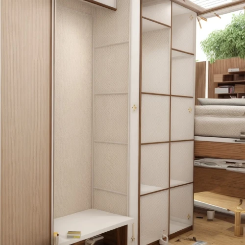 walk-in closet,room divider,storage cabinet,bookcase,shelving,cabinetry,bookshelves,cupboard,search interior solutions,japanese-style room,canopy bed,3d rendering,shelves,pantry,armoire,modern room,render,prefabricated buildings,luggage compartments,cabinets
