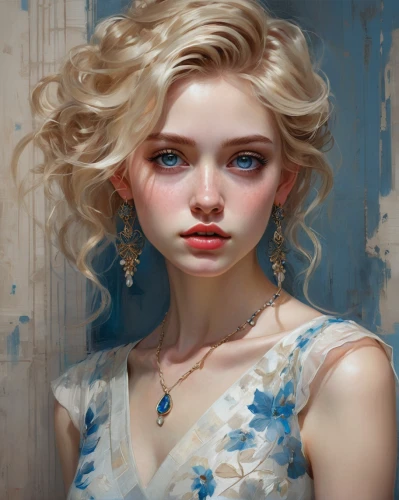 fantasy portrait,elsa,blue painting,jessamine,digital painting,girl portrait,blue jasmine,mystical portrait of a girl,blue rose,jasmine blue,eglantine,portrait of a girl,world digital painting,blond girl,romantic portrait,young girl,blonde girl,fantasy art,cinderella,young woman,Conceptual Art,Fantasy,Fantasy 15