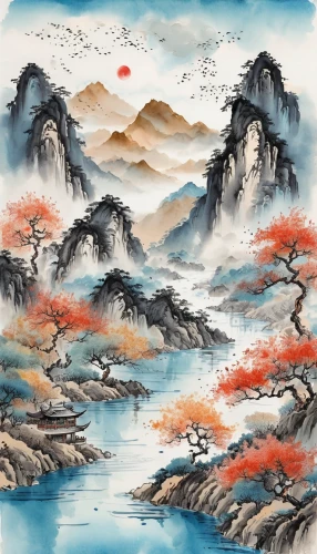 oriental painting,chinese art,chinese clouds,mountainous landscape,mountain scene,mountain landscape,japanese art,japanese mountains,japan landscape,cool woodblock images,luo han guo,landscape background,yunnan,river landscape,high landscape,coastal landscape,khokhloma painting,yi sun sin,sea landscape,watercolor background,Illustration,Black and White,Black and White 34