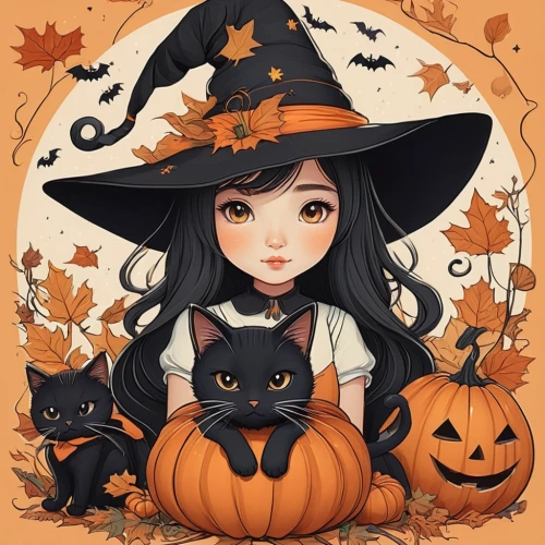 halloween illustration,halloween witch,halloween vector character,halloween cat,halloween black cat,witch's hat icon,halloween wallpaper,halloween poster,halloween background,halloween pumpkin gifts,witch,witches,witch hat,celebration of witches,pumpkin autumn,autumn icon,autumn theme,fall animals,halloween icons,halloween scene,Illustration,Japanese style,Japanese Style 15