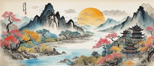 chinese art,oriental painting,cool woodblock images,japanese art,japan landscape,yunnan,river landscape,autumn landscape,wuyi,luo han guo,yi sun sin,mountainous landscape,mountain scene,mountain landscape,huashan,japanese background,huangshan maofeng,chinese background,tong sui,woodblock prints,Illustration,Black and White,Black and White 34