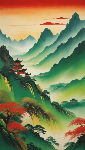 mountain landscape,mountainous landscape,mountain scene,chinese art,oriental painting,chinese clouds,luo han guo,japanese mountains,cool woodblock images,japan landscape,yunnan,landscape background,japanese art,high landscape,the landscape of the mountains,huashan,travel poster,mountain slope,huangshan maofeng,chinese background,Illustration,Japanese style,Japanese Style 21