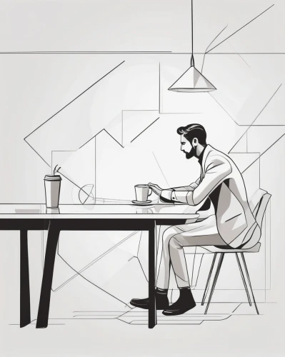 coffee tea illustration,male poses for drawing,working space,office line art,coffee tea drawing,man with a computer,low poly coffee,frame drawing,the coffee shop,freelancer,coffee shop,illustrator,coffee background,men sitting,creative office,workspace,desk,freelance,advertising figure,game drawing,Illustration,Black and White,Black and White 32
