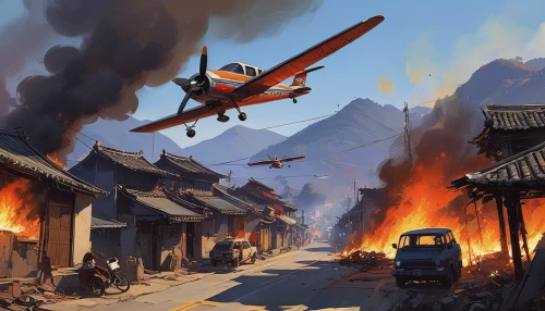 world digital painting,game illustration,fire kite,fire-fighting aircraft,plane crash,airplane crash,monoplane,air combat,fire-fighting helicopter,fire-fighting,fire in the mountains,village life,far eastern,biplane,vietnam,korean folk village,fighter destruction,chinese clouds,oriental painting,chinese background,Conceptual Art,Sci-Fi,Sci-Fi 01