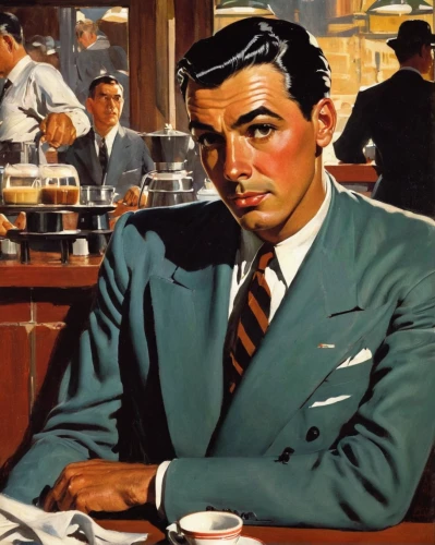 caffè americano,white-collar worker,cary grant,black businessman,woman drinking coffee,ford motor company,coffee background,businessman,espresso,man with a computer,the coca-cola company,pipe smoking,negroni,the coffee,concierge,businessperson,men's suit,frank sinatra,the coffee shop,vintage art,Illustration,Retro,Retro 04