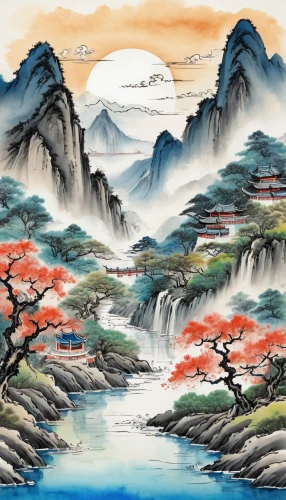 oriental painting,japanese art,chinese art,japan landscape,mountain scene,mountain landscape,japanese mountains,chinese clouds,mountainous landscape,yunnan,luo han guo,cool woodblock images,khokhloma painting,japanese background,landscape background,river landscape,oriental,芦ﾉ湖,chinese background,huashan,Illustration,Black and White,Black and White 34