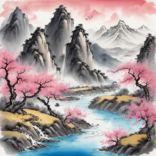 plum blossoms,japanese sakura background,sakura trees,japanese floral background,mountain landscape,apricot blossom,mountainous landscape,landscape background,plum blossom,mountain scene,japanese mountains,oriental painting,japanese cherry trees,chinese art,river landscape,peach blossom,japan landscape,sakura tree,fantasy landscape,cold cherry blossoms,Illustration,Black and White,Black and White 34