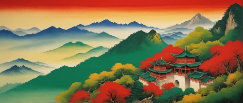 mountain scene,mountain landscape,mountainous landscape,japanese mountains,chinese art,japan landscape,oriental painting,yunnan,chinese temple,autumn mountains,japanese art,huashan,mount scenery,mountain settlement,the landscape of the mountains,japanese alps,kumano kodo,mountain village,huangshan maofeng,cool woodblock images,Illustration,Japanese style,Japanese Style 21