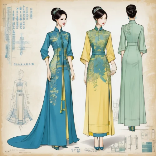 ao dai,costume design,hanbok,chinese style,one-piece garment,dress form,anime japanese clothing,sewing pattern girls,women's clothing,fashion design,overskirt,japan pattern,evening dress,women clothes,dressmaker,wuchang,vintage dress,vintage paper doll,illustrations,bridal clothing,Unique,Design,Blueprint