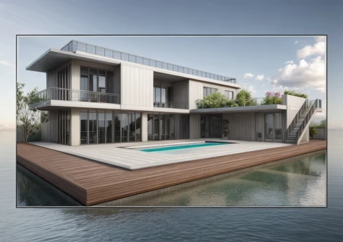 house by the water,3d rendering,modern house,pool house,dunes house,houseboat,house with lake,luxury property,modern architecture,holiday villa,residential house,boat house,contemporary,floating island,landscape design sydney,dug-out pool,house hevelius,flat roof,roof top pool,private house,Architecture,General,Modern,Mid-Century Modern