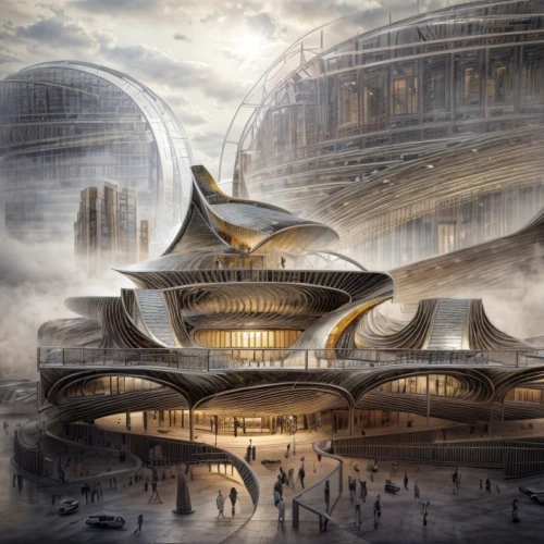 futuristic architecture,futuristic art museum,berlin philharmonic orchestra,sci fiction illustration,chinese architecture,planetarium,musical dome,futuristic landscape,panopticon,sky space concept,asian architecture,solar cell base,sci fi,concept art,opera house,forbidden palace,science fiction,sci - fi,sci-fi,ancient city