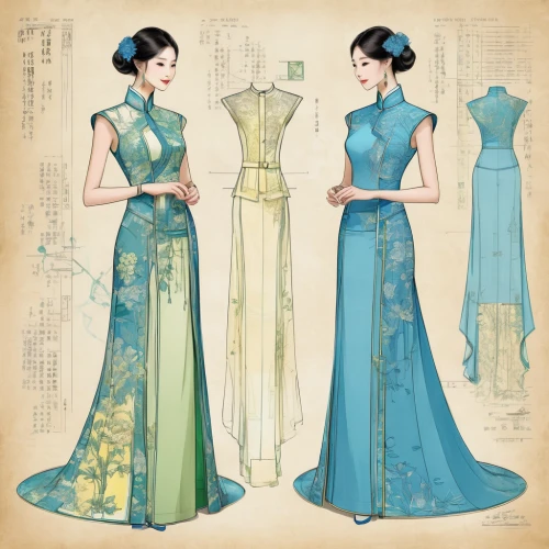 chinese style,fashion design,fashion illustration,ao dai,sewing pattern girls,costume design,evening dress,fashion vector,bridal clothing,vintage paper doll,designs,teal blue asia,vintage fashion,ball gown,jasmine blue,watercolor women accessory,vintage dress,overskirt,fashion designer,dressmaker,Unique,Design,Blueprint