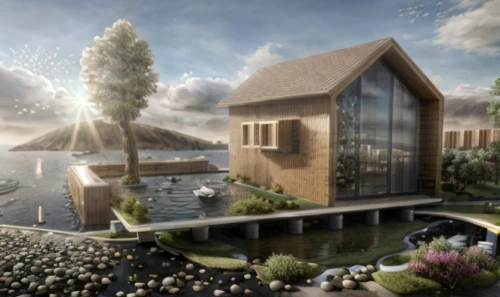 eco hotel,house with lake,3d rendering,house by the water,eco-construction,lake view,cube stilt houses,waterside,golf resort,floating huts,floating islands,boathouse,floating island,render,aqua studio,archidaily,golf hotel,hydropower plant,ski facility,school design