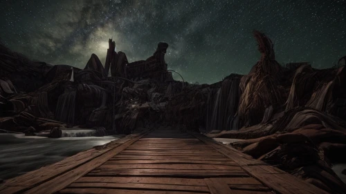 wooden bridge,walkway,wooden path,pathway,wooden pier,the mystical path,flooded pathway,the path,nightscape,virtual landscape,fantasy landscape,road of the impossible,hiking path,futuristic landscape,the milky way,valley of the moon,alien world,myst,winding steps,the atacama desert,Common,Common,Film